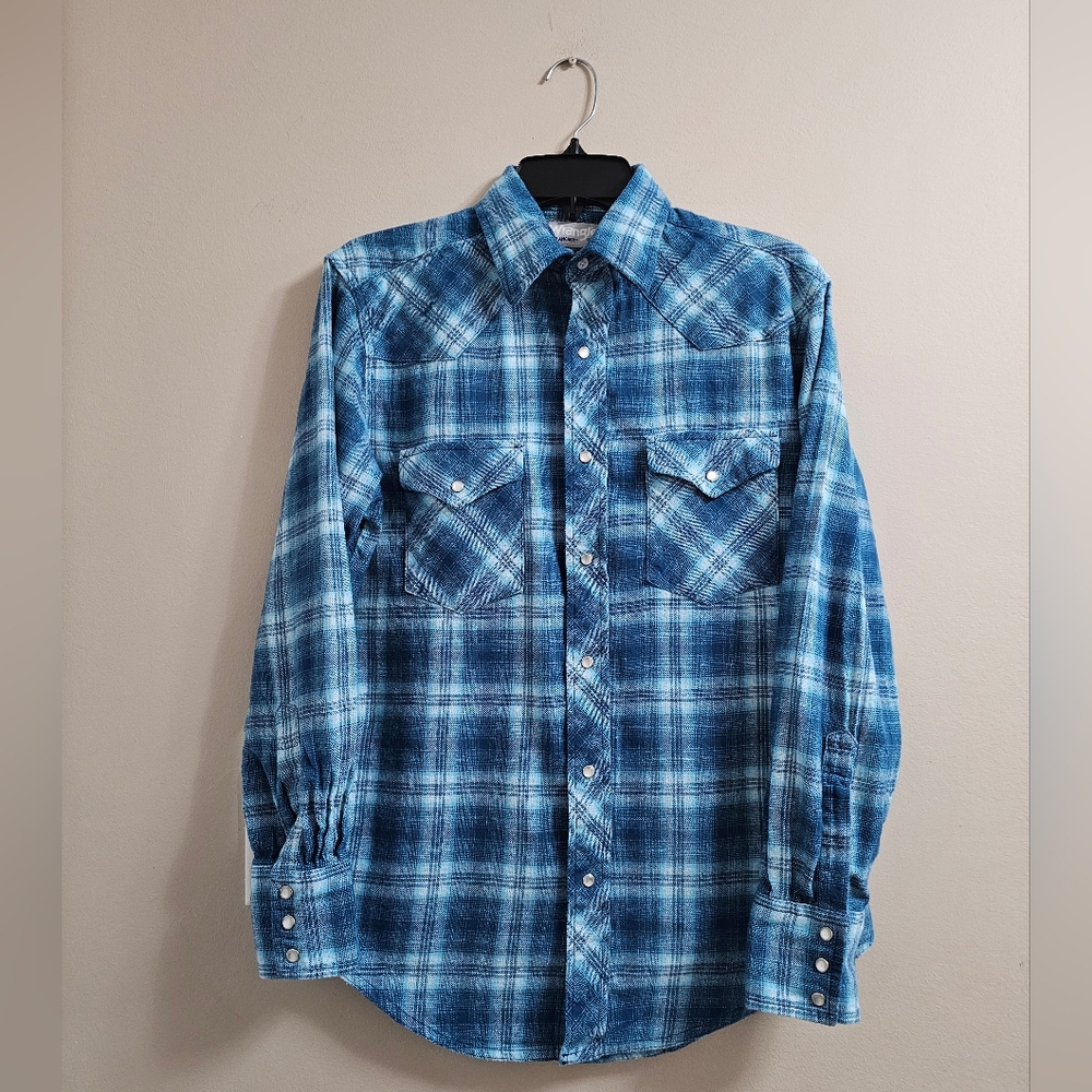 Wrangler Wrancher Blue Plaid Flannel Western Snap Shirt - Medium